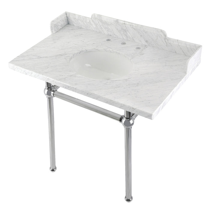 Kingston Heirloom LMS36MB1 - Pemberton 36-Inch Carrara Marble Console Sink with Brass Legs (8-Inch, 3-Hole), Carrara Marble White/Polished Chrome