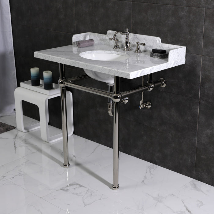 Kingston Heirloom LMS36MB6 - Pemberton 36-Inch Carrara Marble Console Sink with Brass Legs (8-Inch, 3-Hole), Carrara Marble White/Polished Nickel