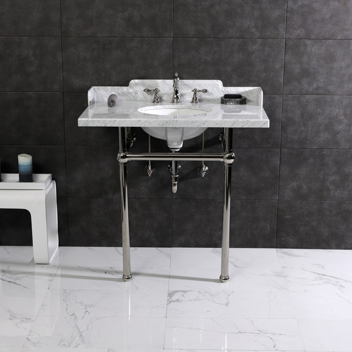 Kingston Heirloom LMS36MB6 - Pemberton 36-Inch Carrara Marble Console Sink with Brass Legs (8-Inch, 3-Hole), Carrara Marble White/Polished Nickel