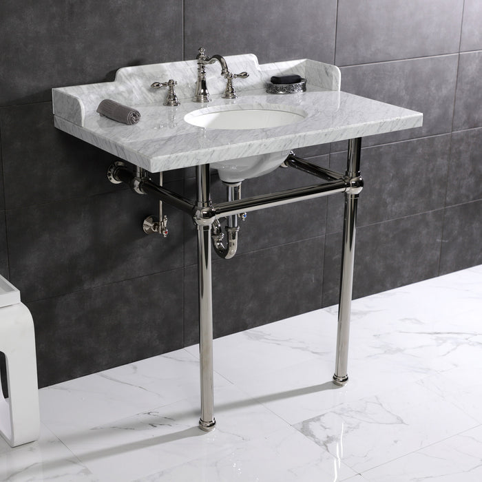 Kingston Heirloom LMS36MB6 - Pemberton 36-Inch Carrara Marble Console Sink with Brass Legs (8-Inch, 3-Hole), Carrara Marble White/Polished Nickel