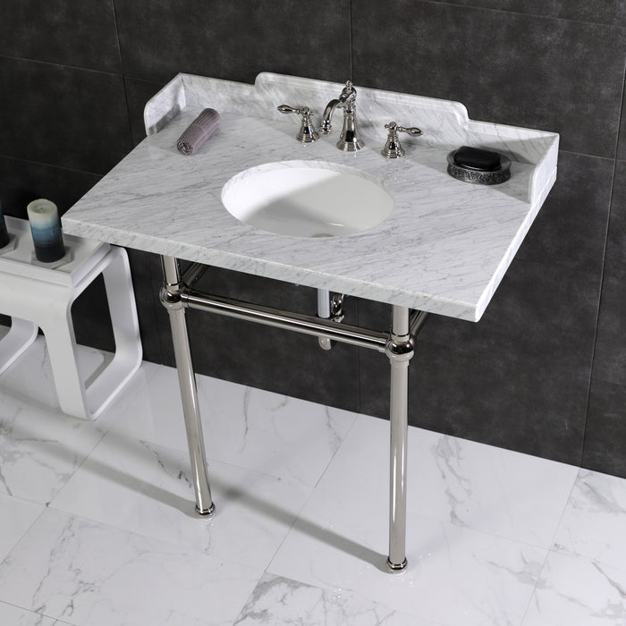 Kingston Heirloom LMS36MB6 - Pemberton 36-Inch Carrara Marble Console Sink with Brass Legs (8-Inch, 3-Hole), Carrara Marble White/Polished Nickel