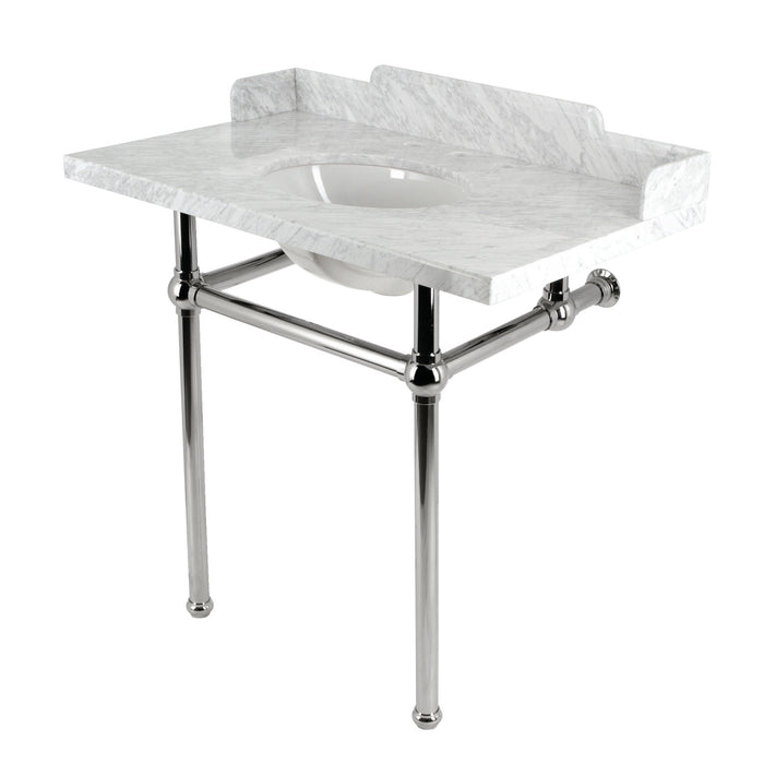 Kingston Heirloom LMS36MB6 - Pemberton 36-Inch Carrara Marble Console Sink with Brass Legs (8-Inch, 3-Hole), Carrara Marble White/Polished Nickel