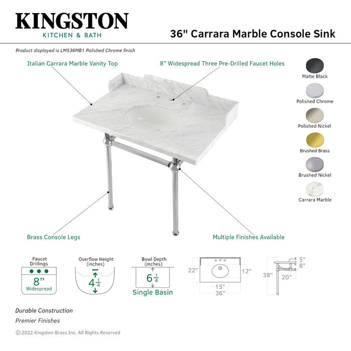 Kingston Heirloom LMS36MB8 - Pemberton 36-Inch Carrara Marble Console Sink with Brass Legs (8-Inch, 3-Hole), Carrara Marble White/Brushed Nickel