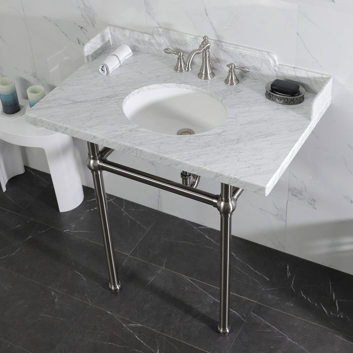 Kingston Heirloom LMS36MB8 - Pemberton 36-Inch Carrara Marble Console Sink with Brass Legs (8-Inch, 3-Hole), Carrara Marble White/Brushed Nickel