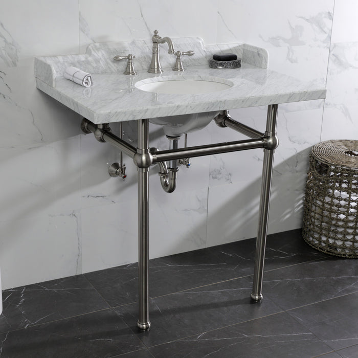 Kingston Heirloom LMS36MB8 - Pemberton 36-Inch Carrara Marble Console Sink with Brass Legs (8-Inch, 3-Hole), Carrara Marble White/Brushed Nickel