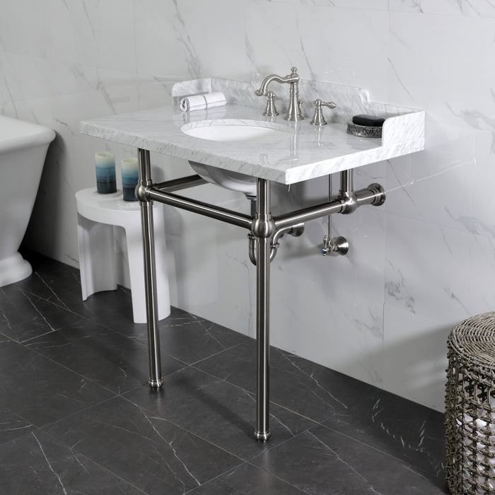 Kingston Heirloom LMS36MB8 - Pemberton 36-Inch Carrara Marble Console Sink with Brass Legs (8-Inch, 3-Hole), Carrara Marble White/Brushed Nickel