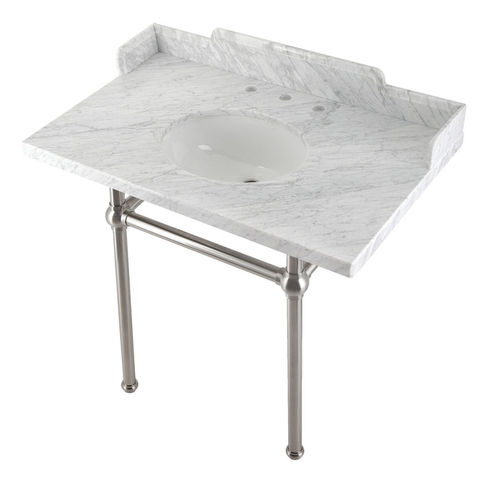 Kingston Heirloom LMS36MB8 - Pemberton 36-Inch Carrara Marble Console Sink with Brass Legs (8-Inch, 3-Hole), Carrara Marble White/Brushed Nickel