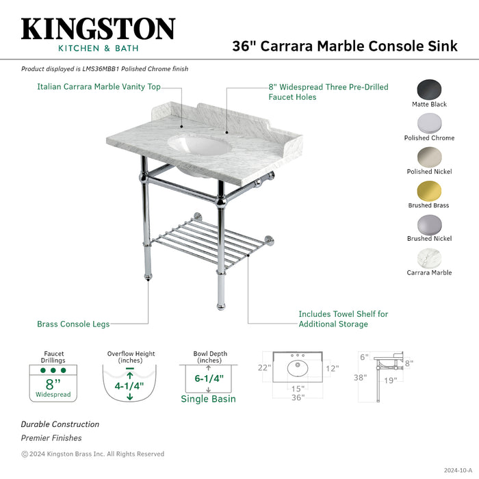 Kingston Heirloom LMS36MBB0 - Pemberton 36-Inch Carrara Marble Console Sink with Brass Legs and Shelf (8-Inch, 3-Hole), Carrara Marble White/Matte Black