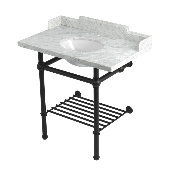 Kingston Heirloom LMS36MBB0 - Pemberton 36-Inch Carrara Marble Console Sink with Brass Legs and Shelf (8-Inch, 3-Hole), Carrara Marble White/Matte Black