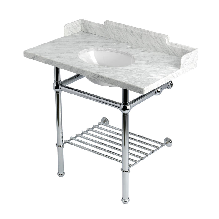 Kingston Heirloom LMS36MBB1 - Pemberton 36-Inch Carrara Marble Console Sink with Brass Legs and Shelf (8-Inch, 3-Hole), Carrara Marble White/Polished Chrome