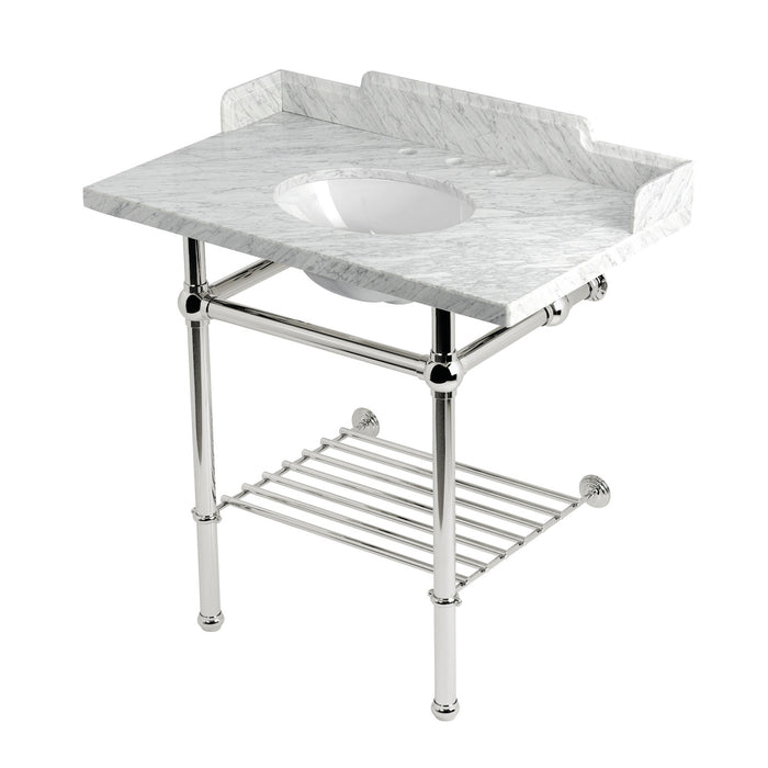 Kingston Heirloom LMS36MBB6 - Pemberton 36-Inch Carrara Marble Console Sink with Brass Legs and Shelf (8-Inch, 3-Hole), Carrara Marble White/Polished Nickel