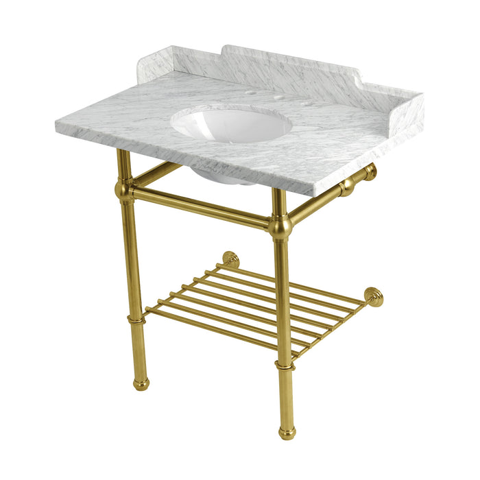 Kingston Heirloom LMS36MBB7 - Pemberton 36-Inch Carrara Marble Console Sink with Brass Legs and Shelf (8-Inch, 3-Hole), Carrara Marble White/Brushed Brass