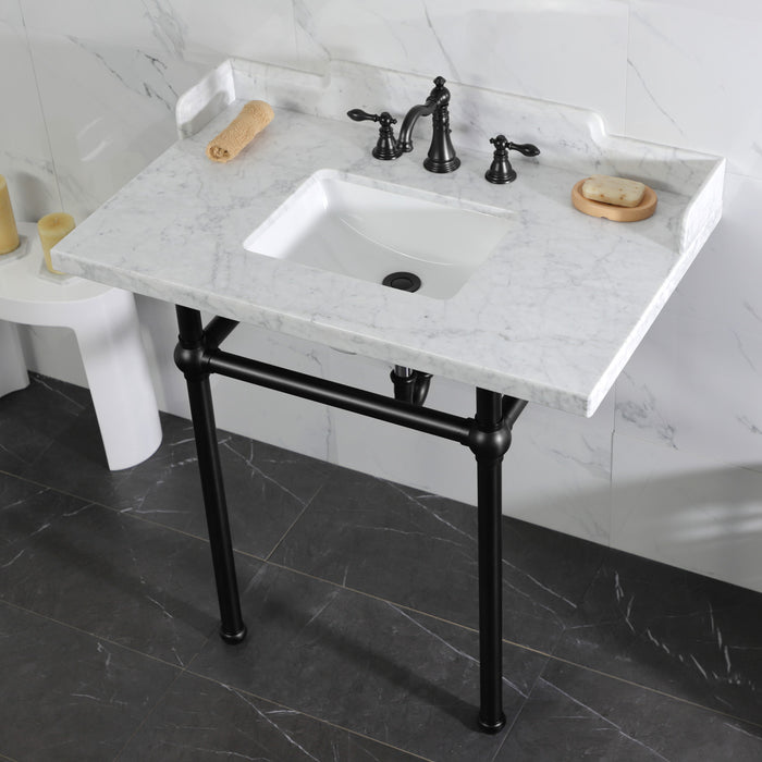 Kingston Heirloom LMS36MBSQ0 - Pemberton 36-Inch Carrara Marble Console Sink with Brass Legs (8-Inch, 3-Hole), Carrara Marble White/Matte Black