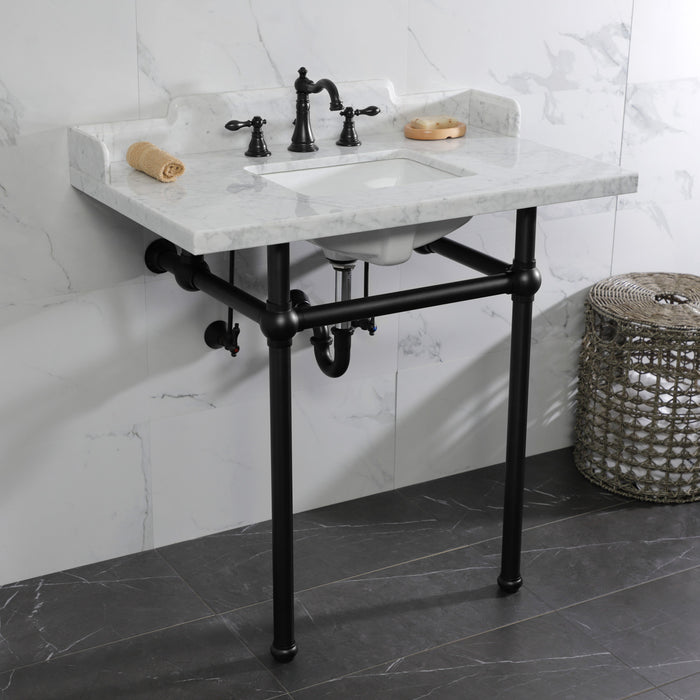 Kingston Heirloom LMS36MBSQ0 - Pemberton 36-Inch Carrara Marble Console Sink with Brass Legs (8-Inch, 3-Hole), Carrara Marble White/Matte Black