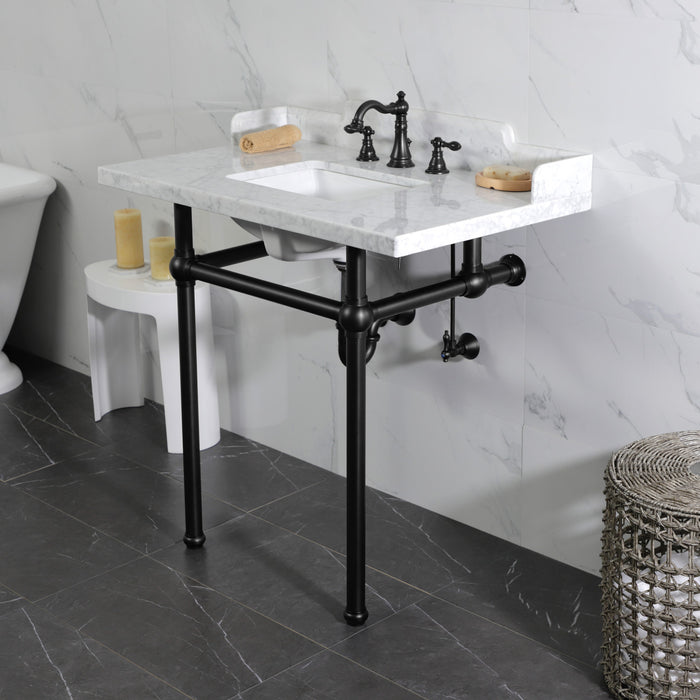 Kingston Heirloom LMS36MBSQ0 - Pemberton 36-Inch Carrara Marble Console Sink with Brass Legs (8-Inch, 3-Hole), Carrara Marble White/Matte Black