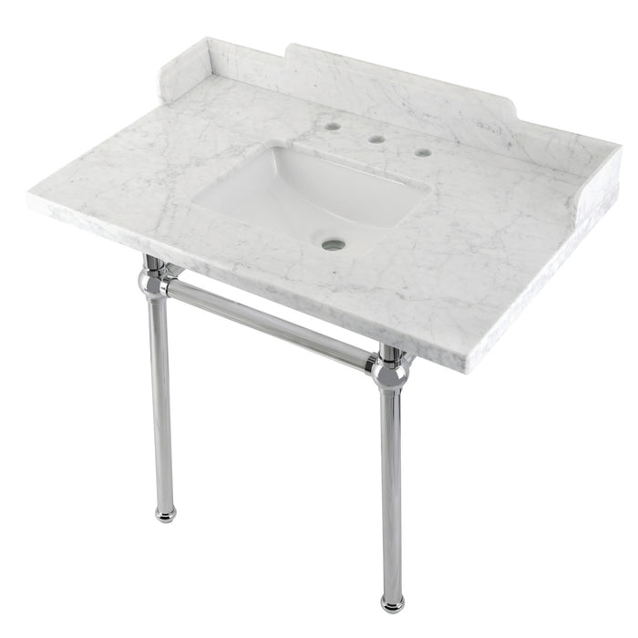 Kingston Heirloom LMS36MBSQ1 - Pemberton 36-Inch Carrara Marble Console Sink with Brass Legs (8-Inch, 3-Hole), Carrara Marble White/Polished Chrome