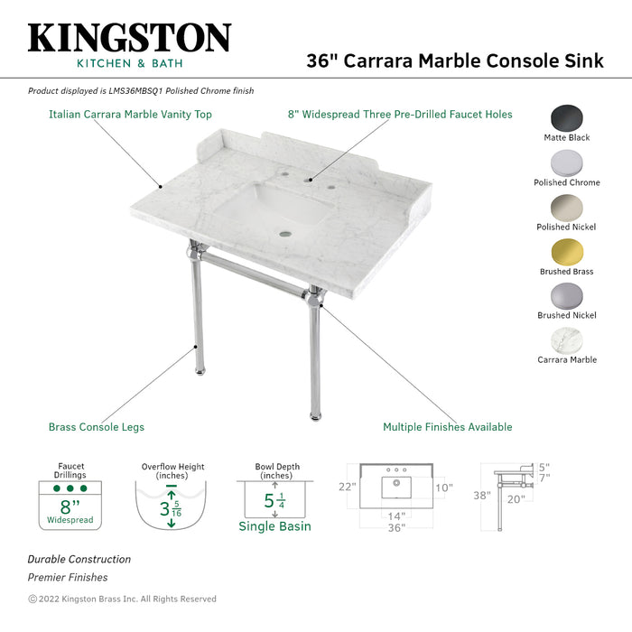 Kingston Heirloom LMS36MBSQ6 - Pemberton 36-Inch Carrara Marble Console Sink with Brass Legs (8-Inch, 3-Hole), Carrara Marble White/Polished Nickel