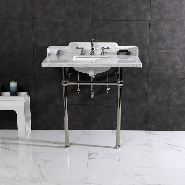 Kingston Heirloom LMS36MBSQ6 - Pemberton 36-Inch Carrara Marble Console Sink with Brass Legs (8-Inch, 3-Hole), Carrara Marble White/Polished Nickel