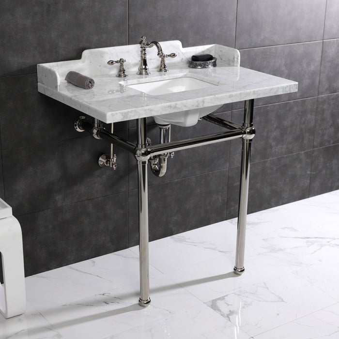 Kingston Heirloom LMS36MBSQ6 - Pemberton 36-Inch Carrara Marble Console Sink with Brass Legs (8-Inch, 3-Hole), Carrara Marble White/Polished Nickel