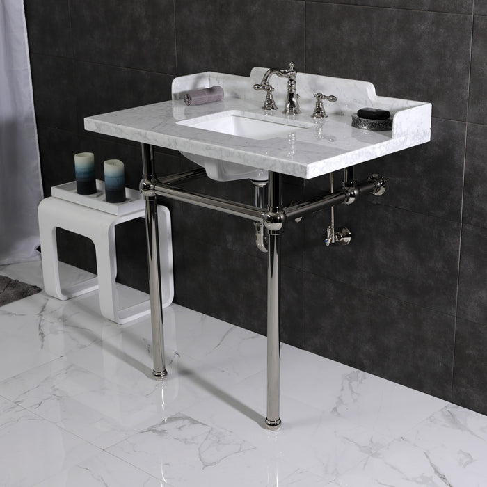 Kingston Heirloom LMS36MBSQ6 - Pemberton 36-Inch Carrara Marble Console Sink with Brass Legs (8-Inch, 3-Hole), Carrara Marble White/Polished Nickel