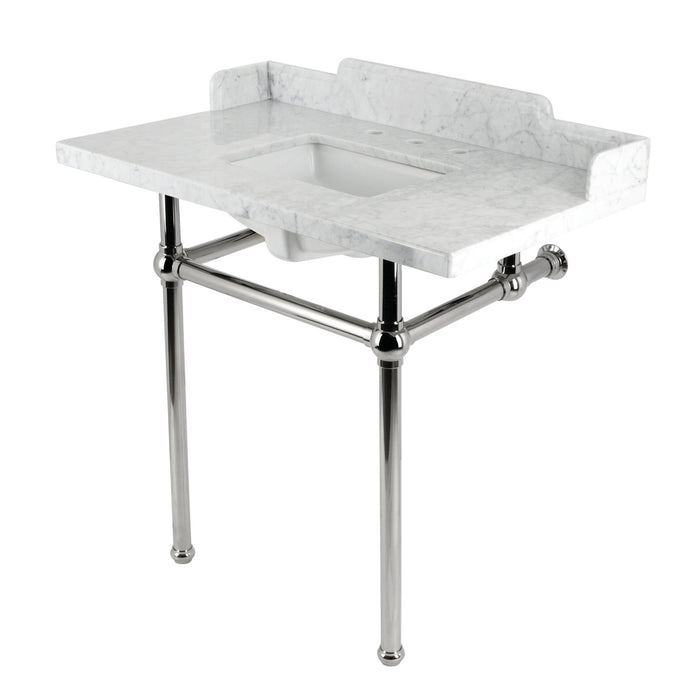 Kingston Heirloom LMS36MBSQ6 - Pemberton 36-Inch Carrara Marble Console Sink with Brass Legs (8-Inch, 3-Hole), Carrara Marble White/Polished Nickel