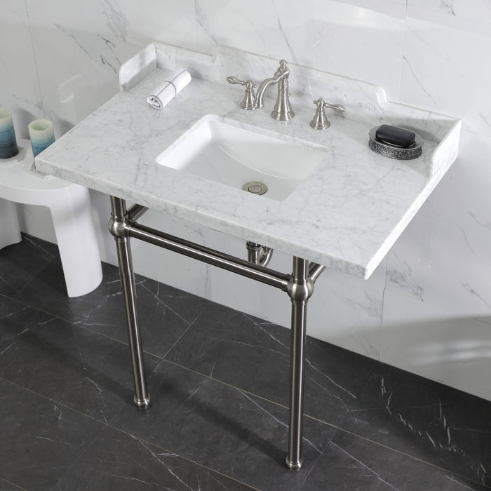 Kingston Heirloom LMS36MBSQ8 - Pemberton 36-Inch Carrara Marble Console Sink with Brass Legs (8-Inch, 3-Hole), Carrara Marble White/Brushed Nickel