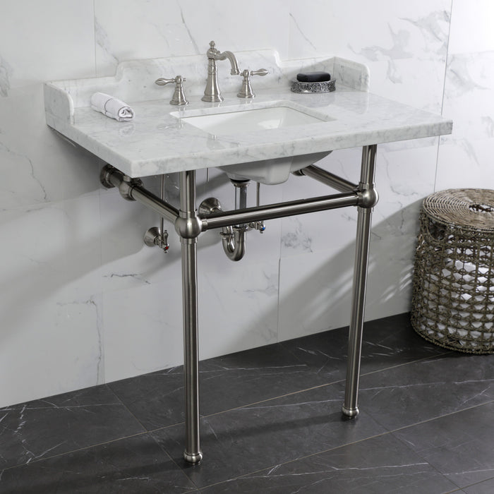 Kingston Heirloom LMS36MBSQ8 - Pemberton 36-Inch Carrara Marble Console Sink with Brass Legs (8-Inch, 3-Hole), Carrara Marble White/Brushed Nickel
