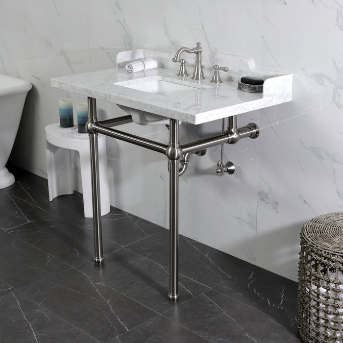 Kingston Heirloom LMS36MBSQ8 - Pemberton 36-Inch Carrara Marble Console Sink with Brass Legs (8-Inch, 3-Hole), Carrara Marble White/Brushed Nickel