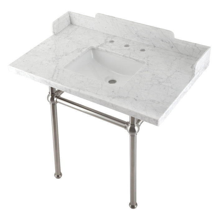 Kingston Heirloom LMS36MBSQ8 - Pemberton 36-Inch Carrara Marble Console Sink with Brass Legs (8-Inch, 3-Hole), Carrara Marble White/Brushed Nickel