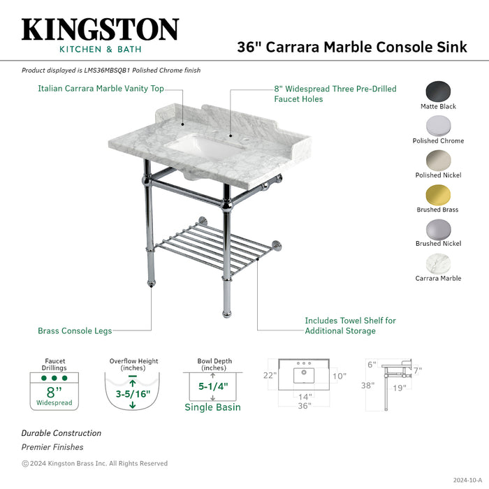 Kingston Heirloom LMS36MBSQB0 - Pemberton 36-Inch Carrara Marble Console Sink with Brass Legs and Shelf (8-Inch, 3-Hole), Carrara Marble White/Matte Black