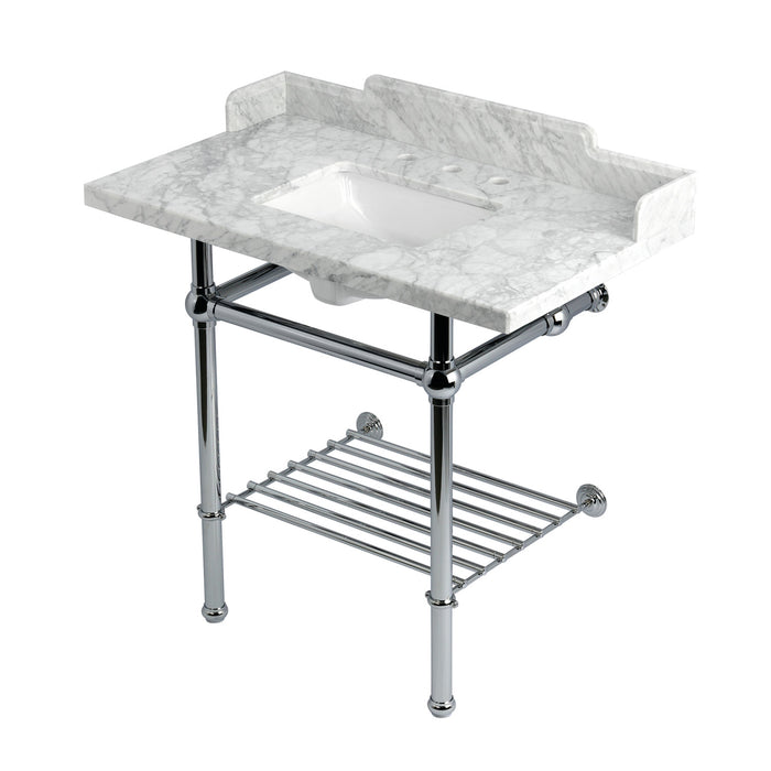 Kingston Heirloom LMS36MBSQB1 - Pemberton 36-Inch Carrara Marble Console Sink with Brass Legs and Shelf (8-Inch, 3-Hole), Carrara Marble White/Polished Chrome