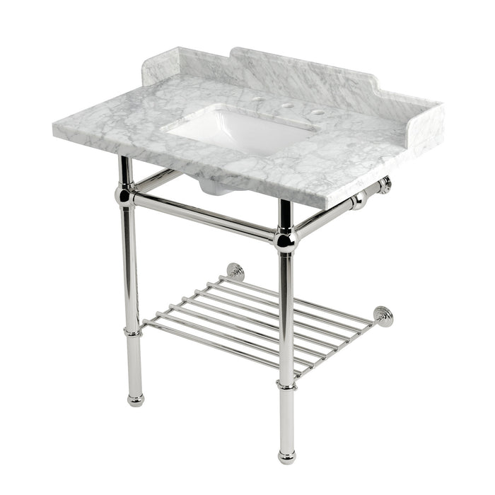Kingston Heirloom LMS36MBSQB6 - Pemberton 36-Inch Carrara Marble Console Sink with Brass Legs and Shelf (8-Inch, 3-Hole), Carrara Marble White/Polished Nickel