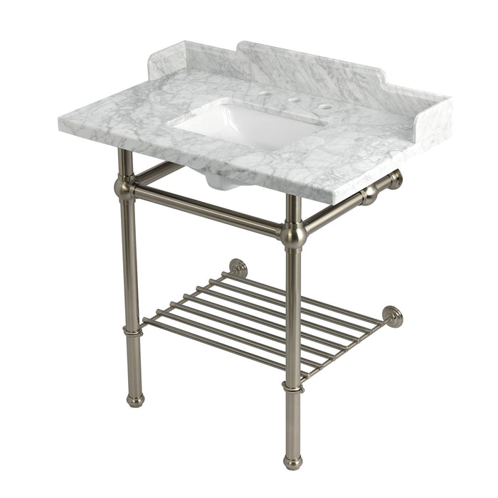 Kingston Heirloom LMS36MBSQB8 - Pemberton 36-Inch Carrara Marble Console Sink with Brass Legs and Shelf (8-Inch, 3-Hole), Carrara Marble White/Brushed Nickel