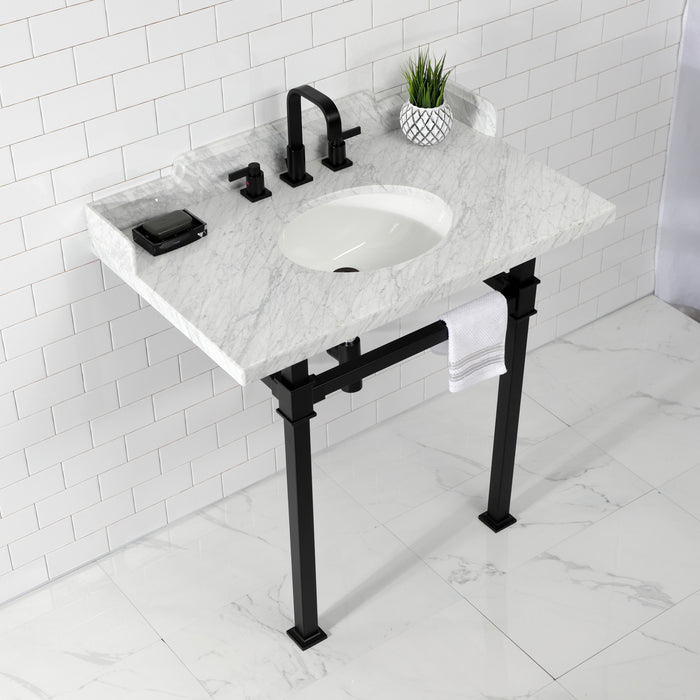 Kingston Sona LMS36MOQ0 - Viceroy 36-Inch Carrara Marble Console Sink with Stainless Steel Legs (8-Inch, 3-Hole), Carrara Marble White/Matte Black