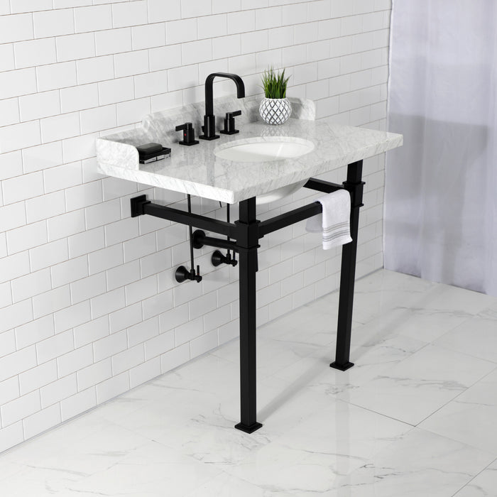 Kingston Sona LMS36MOQ0 - Viceroy 36-Inch Carrara Marble Console Sink with Stainless Steel Legs (8-Inch, 3-Hole), Carrara Marble White/Matte Black