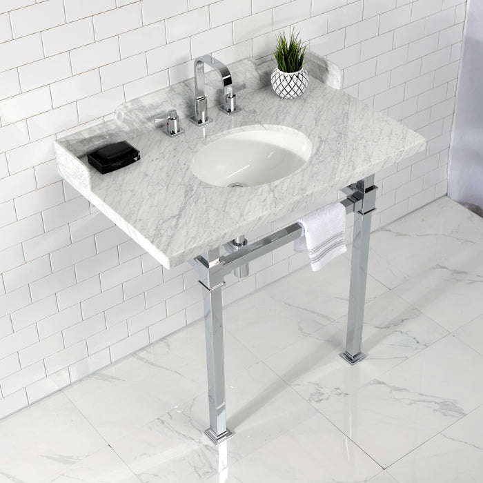 Kingston Sona LMS36MOQ1 - Viceroy 36-Inch Carrara Marble Console Sink with Stainless Steel Legs (8-Inch, 3-Hole), Carrara Marble White/Polished Chrome