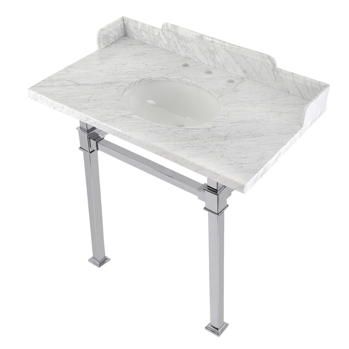 Kingston Sona LMS36MOQ1 - Viceroy 36-Inch Carrara Marble Console Sink with Stainless Steel Legs (8-Inch, 3-Hole), Carrara Marble White/Polished Chrome