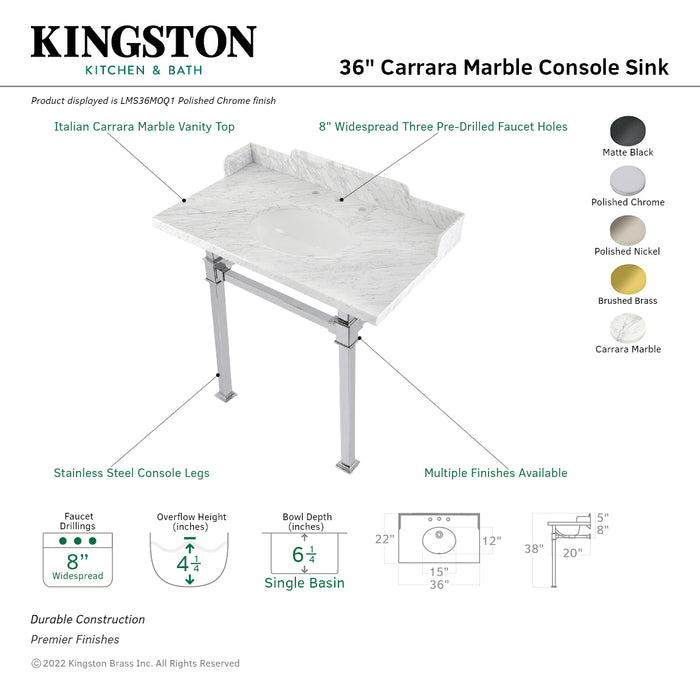 Kingston Sona LMS36MOQ6 - Viceroy 36-Inch Carrara Marble Console Sink with Stainless Steel Legs (8-Inch, 3-Hole), Carrara Marble White/Polished Nickel