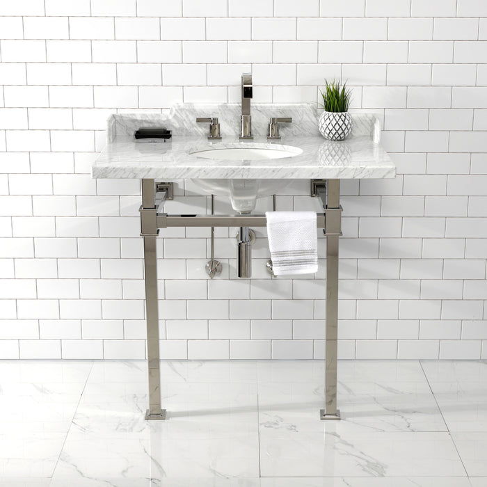 Kingston Sona LMS36MOQ6 - Viceroy 36-Inch Carrara Marble Console Sink with Stainless Steel Legs (8-Inch, 3-Hole), Carrara Marble White/Polished Nickel