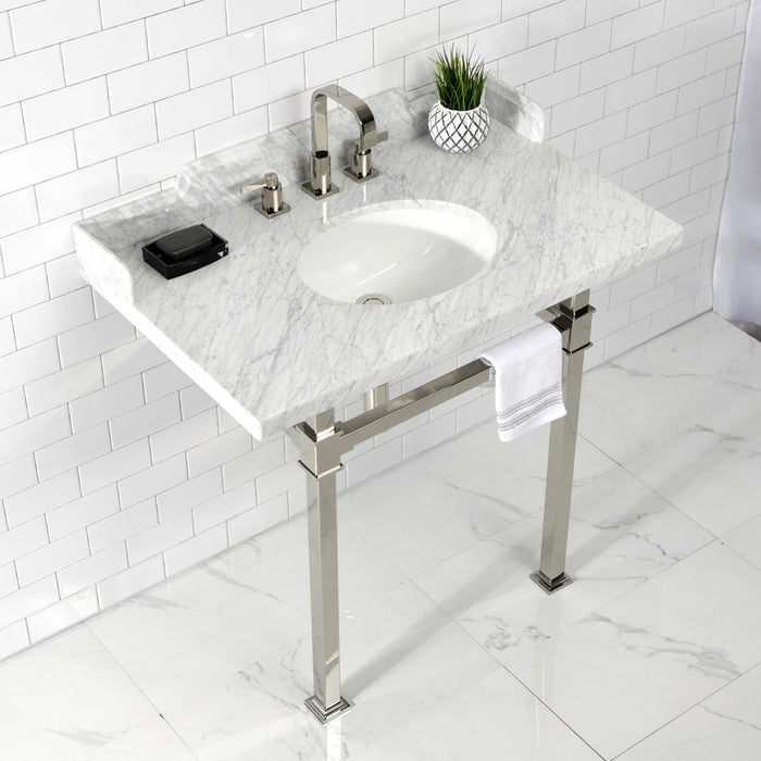 Kingston Sona LMS36MOQ6 - Viceroy 36-Inch Carrara Marble Console Sink with Stainless Steel Legs (8-Inch, 3-Hole), Carrara Marble White/Polished Nickel