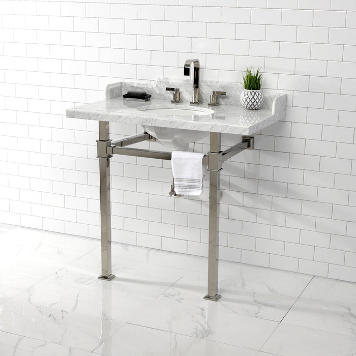 Kingston Sona LMS36MOQ6 - Viceroy 36-Inch Carrara Marble Console Sink with Stainless Steel Legs (8-Inch, 3-Hole), Carrara Marble White/Polished Nickel