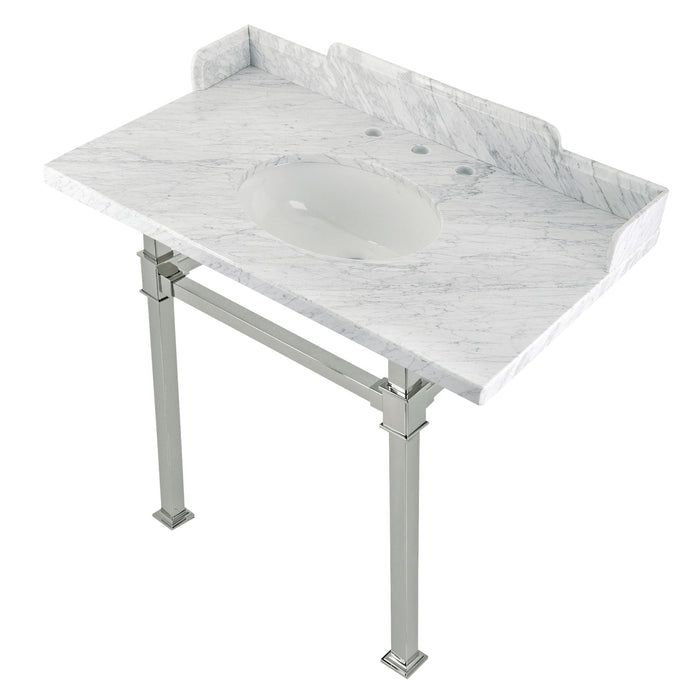 Kingston Sona LMS36MOQ6 - Viceroy 36-Inch Carrara Marble Console Sink with Stainless Steel Legs (8-Inch, 3-Hole), Carrara Marble White/Polished Nickel