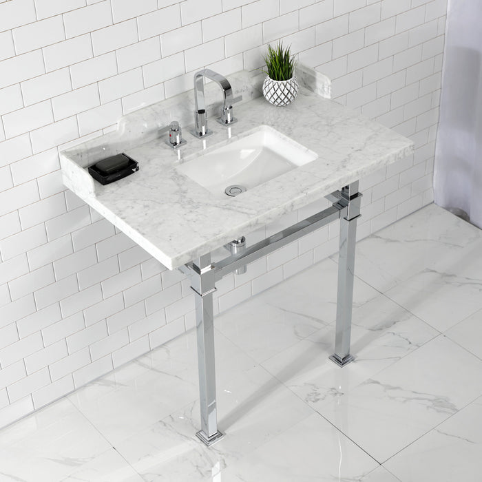 Kingston Sona LMS36MSQ1 - Viceroy 36-Inch Carrara Marble Console Sink with Stainless Steel Legs (8-Inch, 3-Hole), Carrara Marble White/Polished Chrome