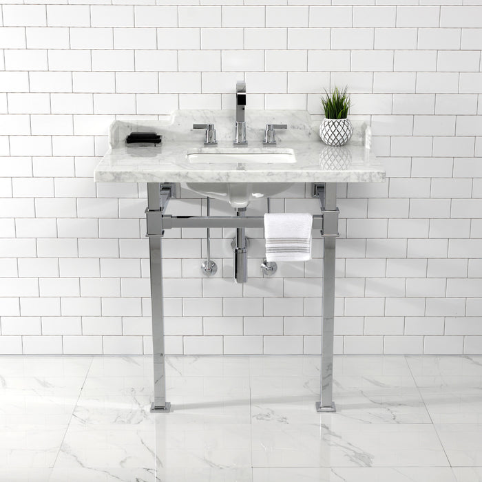 Kingston Sona LMS36MSQ1 - Viceroy 36-Inch Carrara Marble Console Sink with Stainless Steel Legs (8-Inch, 3-Hole), Carrara Marble White/Polished Chrome