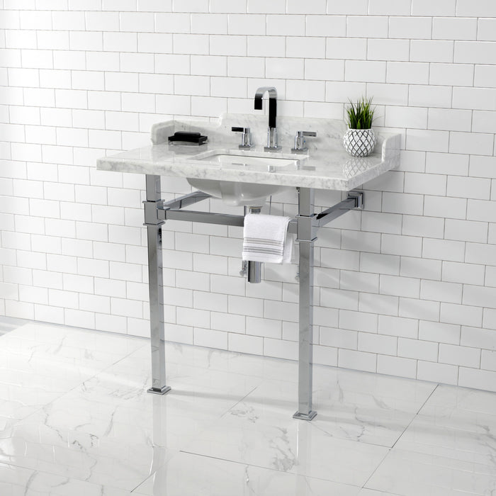 Kingston Sona LMS36MSQ1 - Viceroy 36-Inch Carrara Marble Console Sink with Stainless Steel Legs (8-Inch, 3-Hole), Carrara Marble White/Polished Chrome