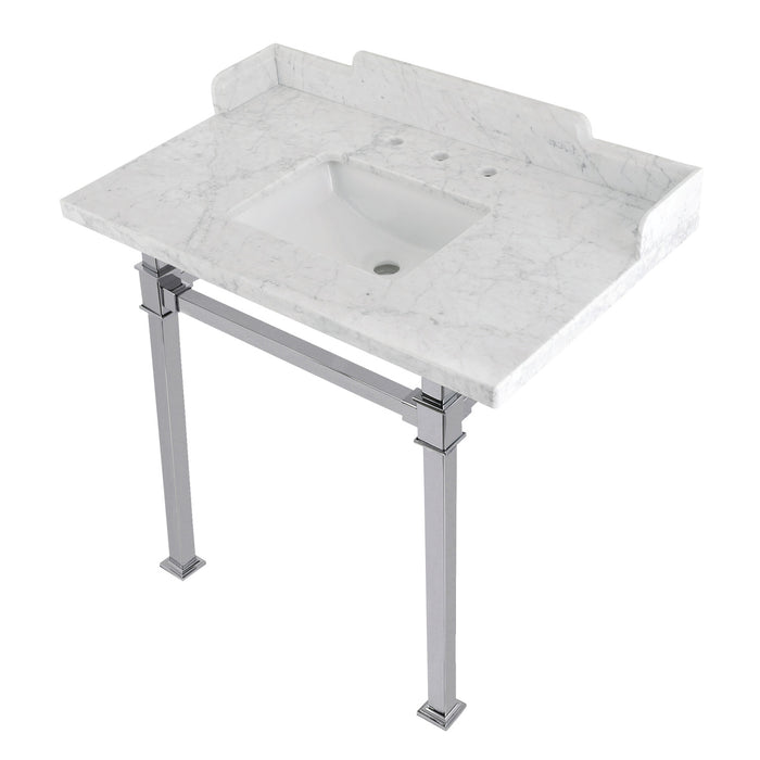 Kingston Sona LMS36MSQ1 - Viceroy 36-Inch Carrara Marble Console Sink with Stainless Steel Legs (8-Inch, 3-Hole), Carrara Marble White/Polished Chrome
