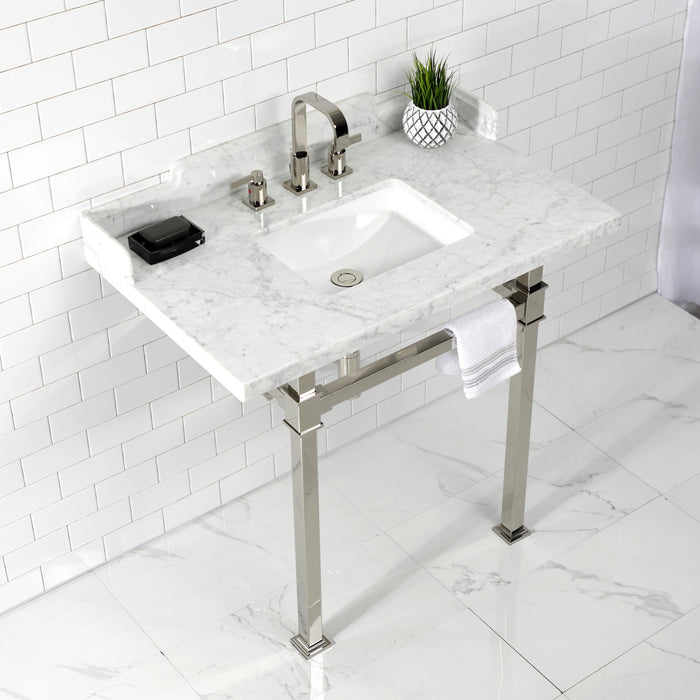 Kingston Sona LMS36MSQ6 - Viceroy 36-Inch Carrara Marble Console Sink with Stainless Steel Legs (8-Inch, 3-Hole), Carrara Marble White/Polished Nickel