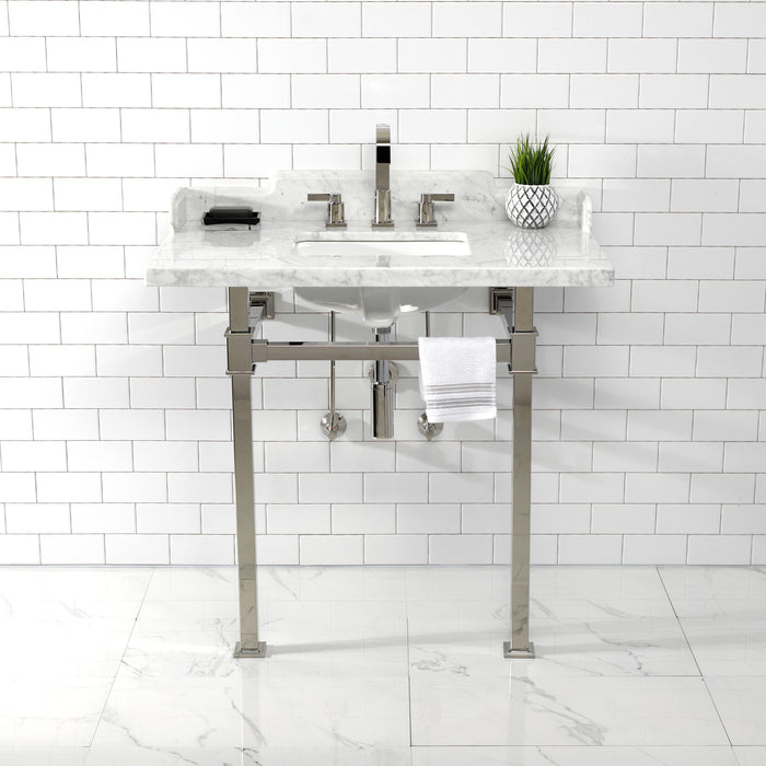 Kingston Sona LMS36MSQ6 - Viceroy 36-Inch Carrara Marble Console Sink with Stainless Steel Legs (8-Inch, 3-Hole), Carrara Marble White/Polished Nickel