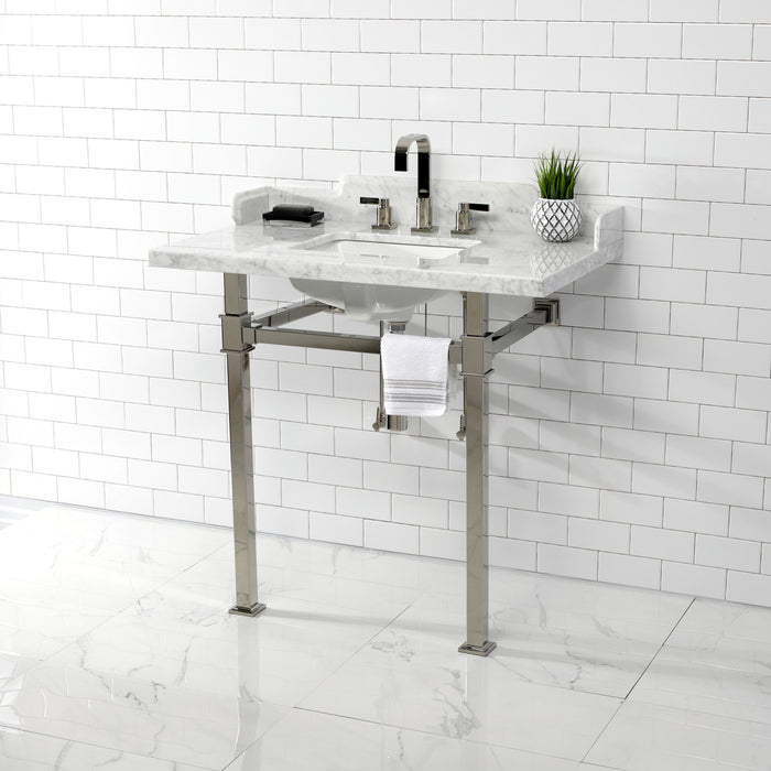 Kingston Sona LMS36MSQ6 - Viceroy 36-Inch Carrara Marble Console Sink with Stainless Steel Legs (8-Inch, 3-Hole), Carrara Marble White/Polished Nickel