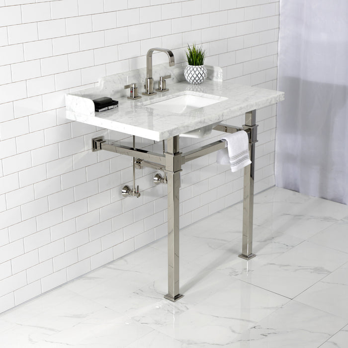 Kingston Sona LMS36MSQ6 - Viceroy 36-Inch Carrara Marble Console Sink with Stainless Steel Legs (8-Inch, 3-Hole), Carrara Marble White/Polished Nickel